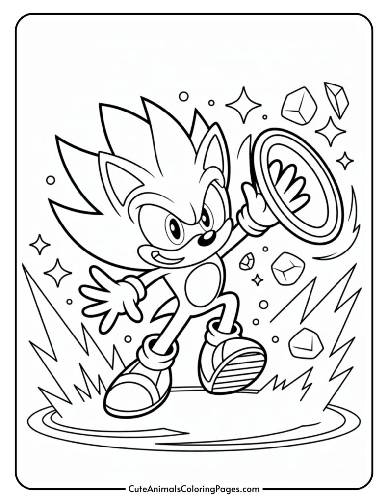 Page black and white shows that cartoon hedge career with spiky hair, clothing and clothing clothes. Final statements and geometric styles, creating a dynamic scene.