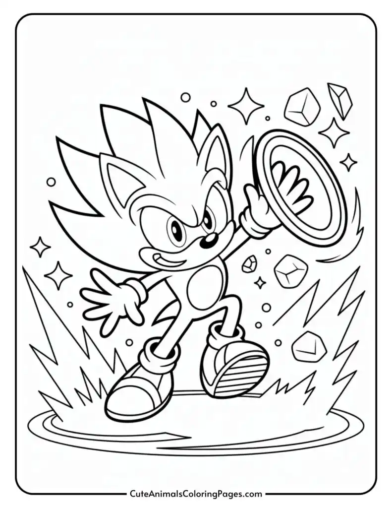 Page black and white shows that cartoon hedge career with spiky hair, clothing and clothing clothes. Final statements and geometric styles, creating a dynamic scene.