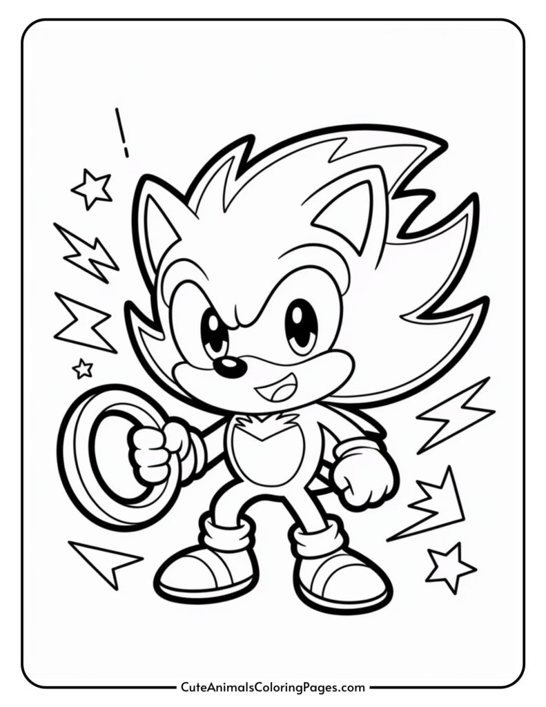 The cartoon hedge character that takes a big ring, surrounded by stars and light of light in a colored page.