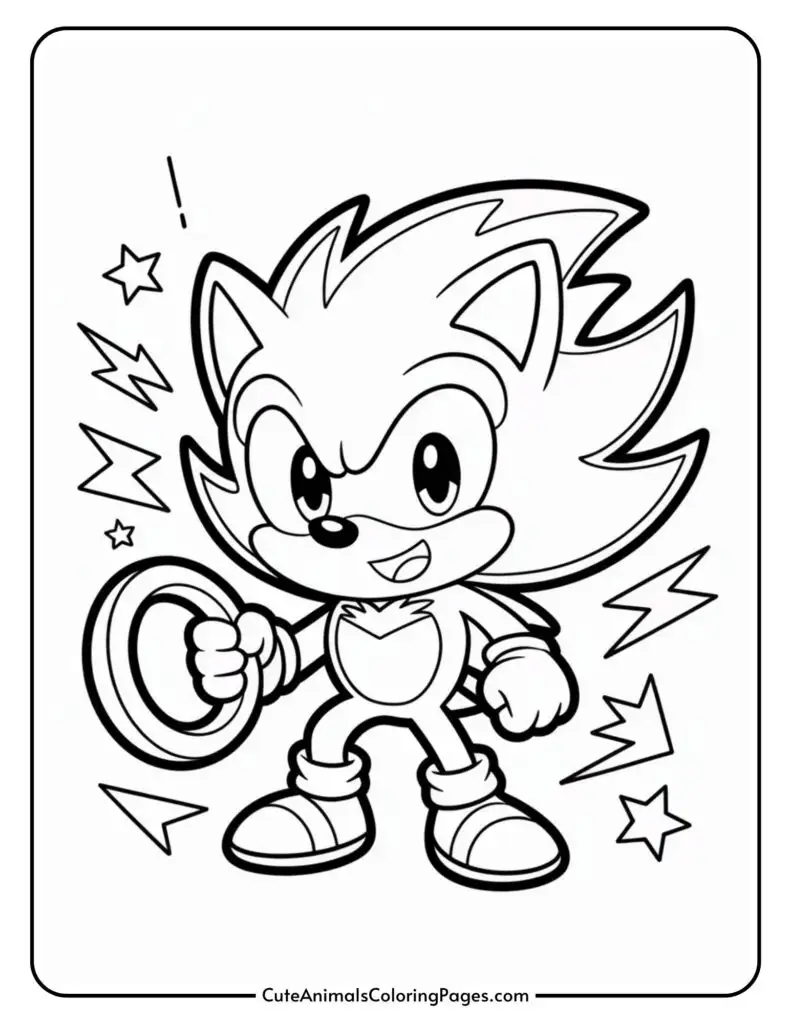A cartoon hedgehog character holding a large ring, surrounded by stars and lightning bolts in a coloring page.