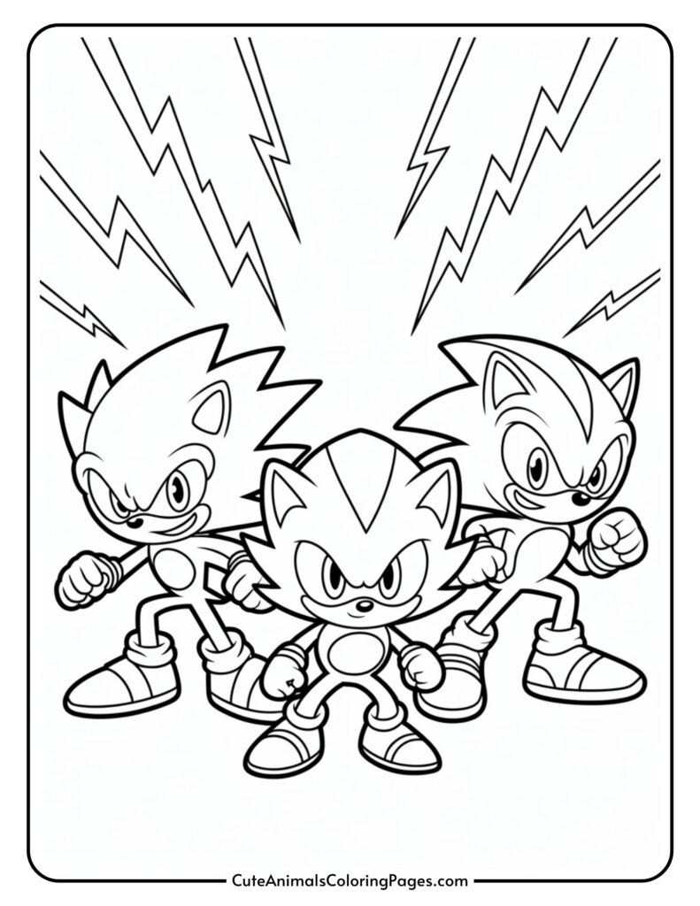 The black and white colored page of three characters of three cartons with spiky hair and athletic posters are enclosed under the lightning.