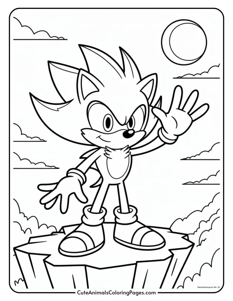 A line of a line of animation an animation character as it comes with himself, confidently standing on a living platform that lifted one hand. The character is your white hair, the big eyes, and against a cloudy sky is placed in the background in the background.