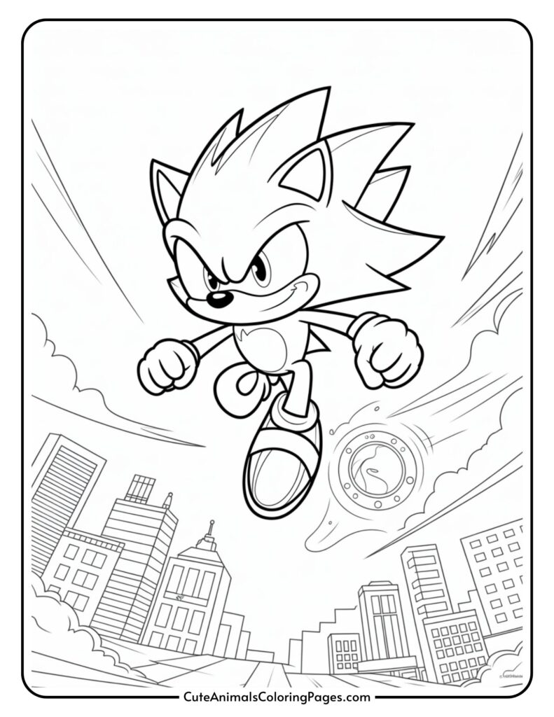 A line of an animation or an ormal an animation spikes with a spiky hair flows through the weather with a specified expression, against long buildings and ring-shaped sky.