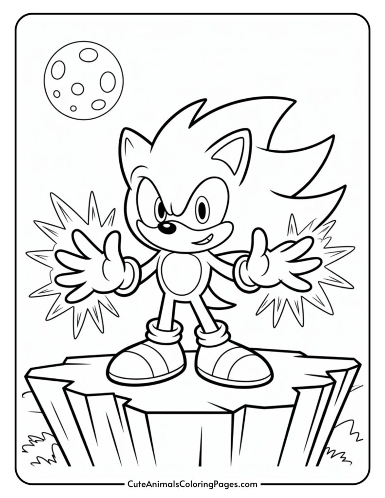A cartoon character that is as a hedge, standing on a stone with the sky on a stone with the sky. The character has hair, large eyes, gloves, and Sneakers, brightest his open hands with dynamic nose. The last on the face of Rocky and stylish stars made, create a playful scene for coloring.
