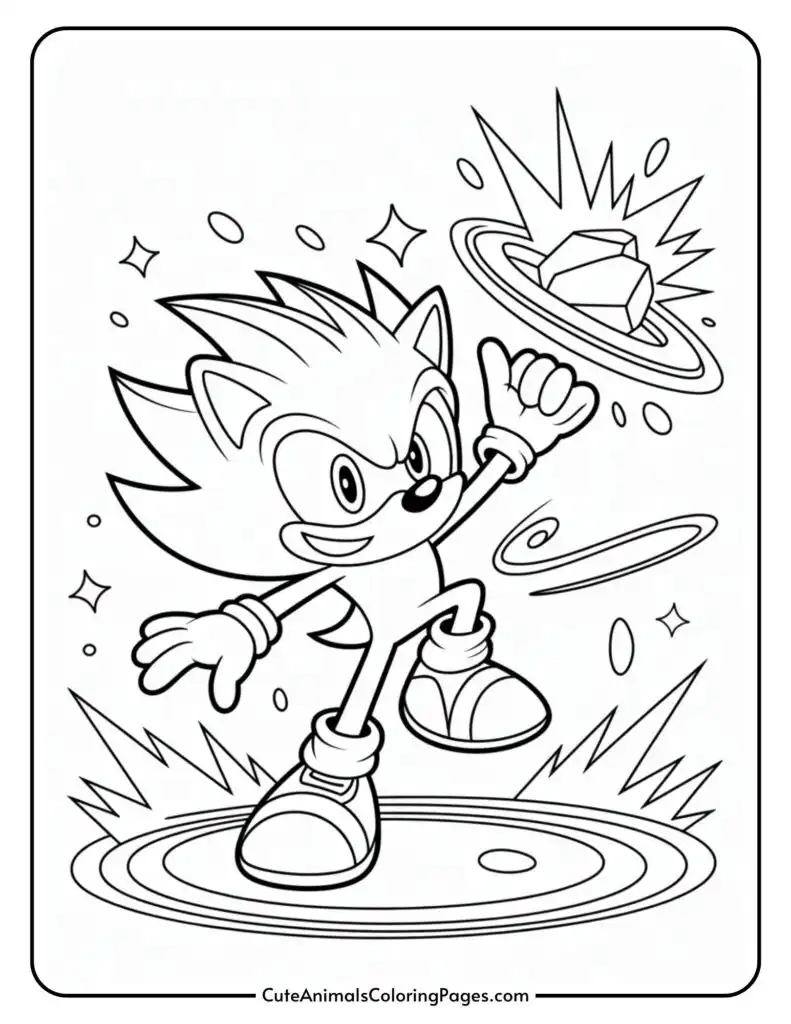 Black and white illustration of a cartoon hedgehog character, with spiky hair and large shoes, in an action pose with one fist raised. The background features stars, circles, and a floating gem surrounded by rings.