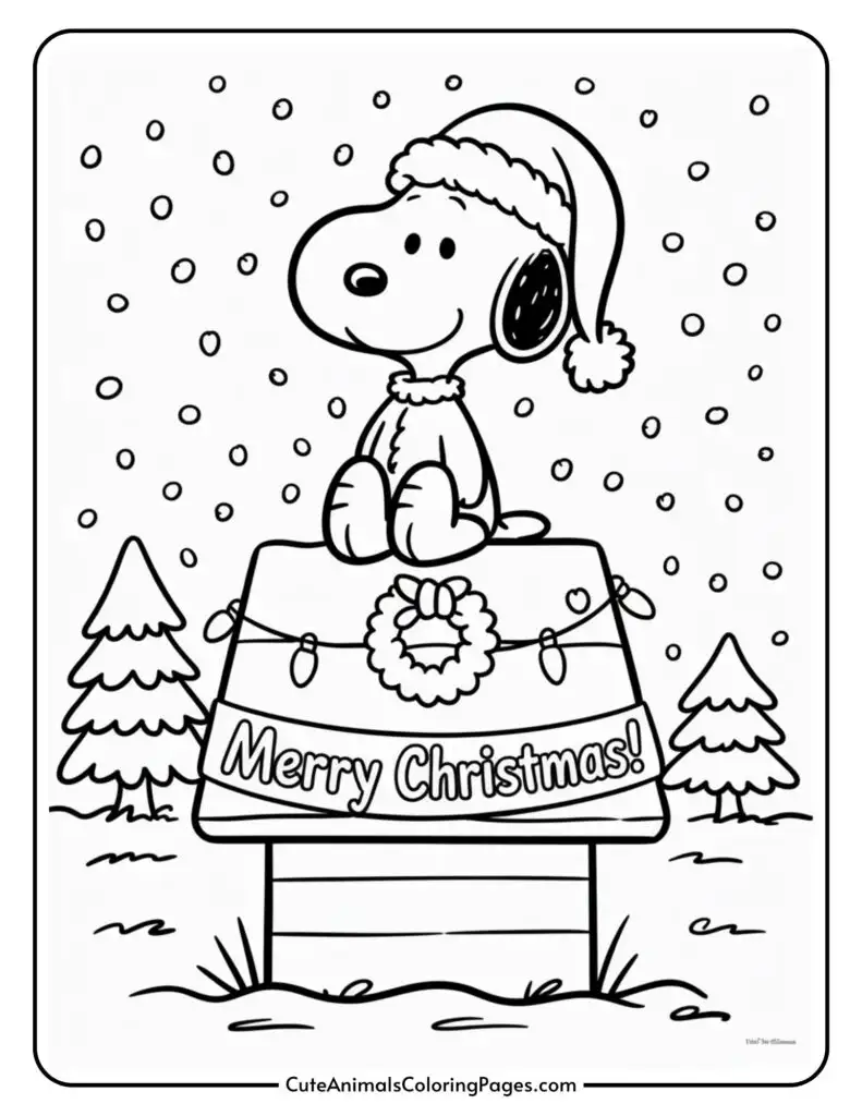 A cartoon dog wearing a Santa hat sits on top of a doghouse decorated with a Christmas wreath and lights. The doghouse has a "Merry Christmas!" sign. Snow is falling and there are trees in the background.