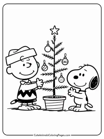 Two characters, a boy and a dog, are happily decorating a small Christmas tree with a star on top and ornaments hanging from its sparse branches.