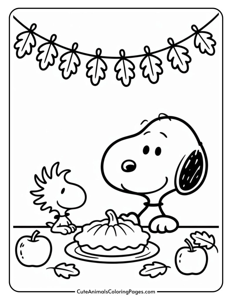 A black and white colored page that is a cotton and a cotton bird sitting on a table and apple goes on by the destroyed leaves and garland.