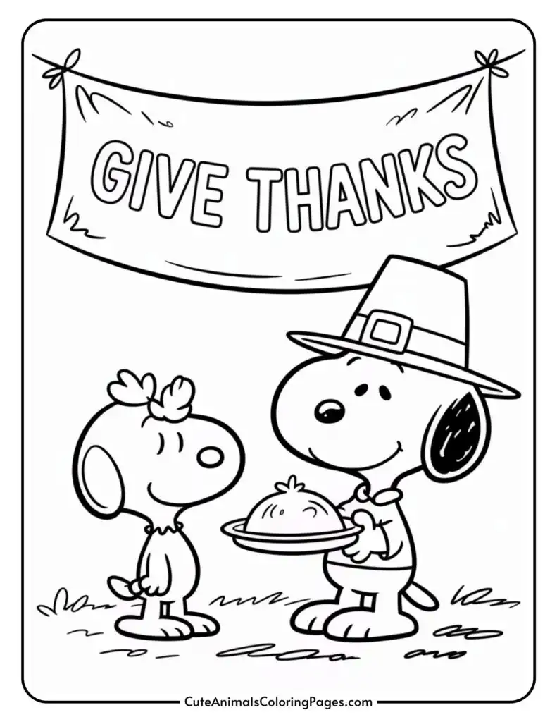 A black and white illustration of two cartoon dogs. One dog is wearing a Pilgrim hat and holding a platter with food, while the other dog has a small plant on its head. They stand in front of a banner that reads "Give Thanks."