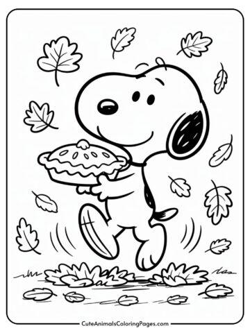 A cartoon dog happily carrying a pie while walking through falling autumn leaves.