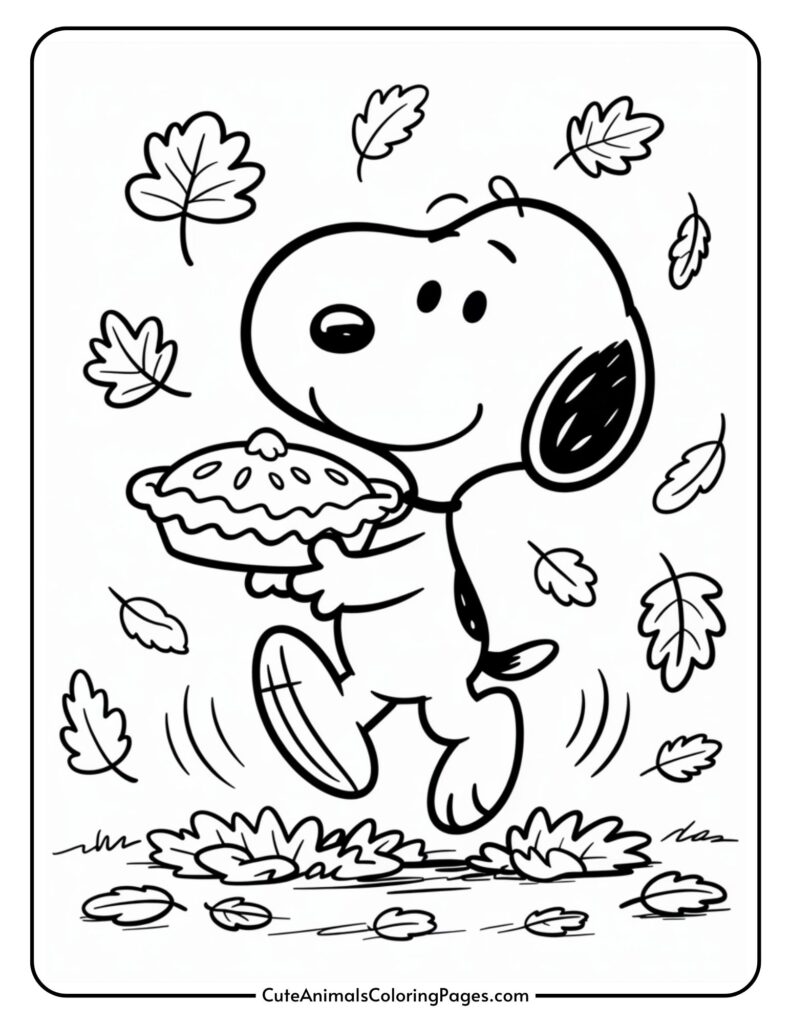 A cartoon dog happily when walking walking in the autumn leaves.