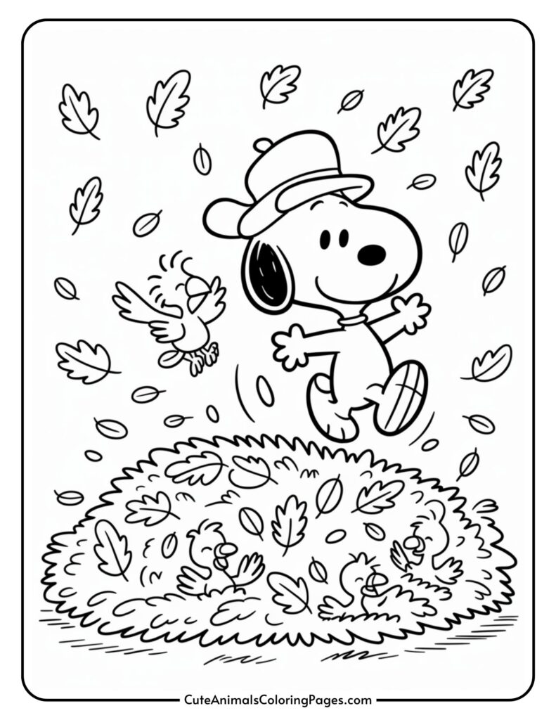 A cartoon dog with a hat with joy is flowing into a pile of leaves, with a small bird flowing around and leaves.