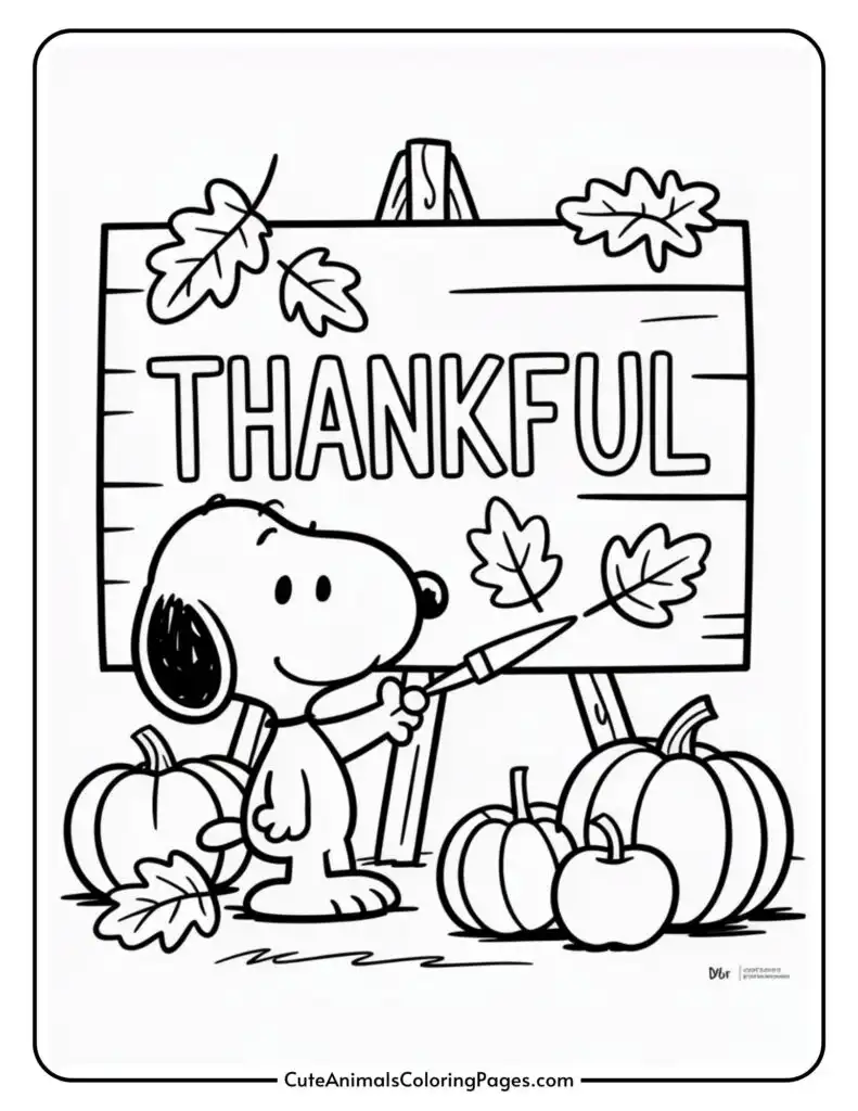 Black and white coloring page featuring a cartoon dog standing next to a sign that reads "THANKFUL," surrounded by leaves and pumpkins.