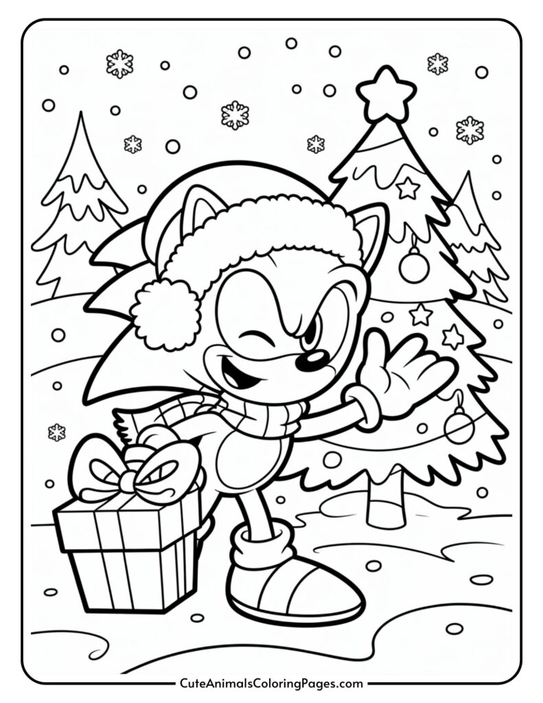 The character of a caricatur of a caricature that follows Santa and SCARF followed by his christmas, wet and sweet tree, with snow and gift in front of snow.