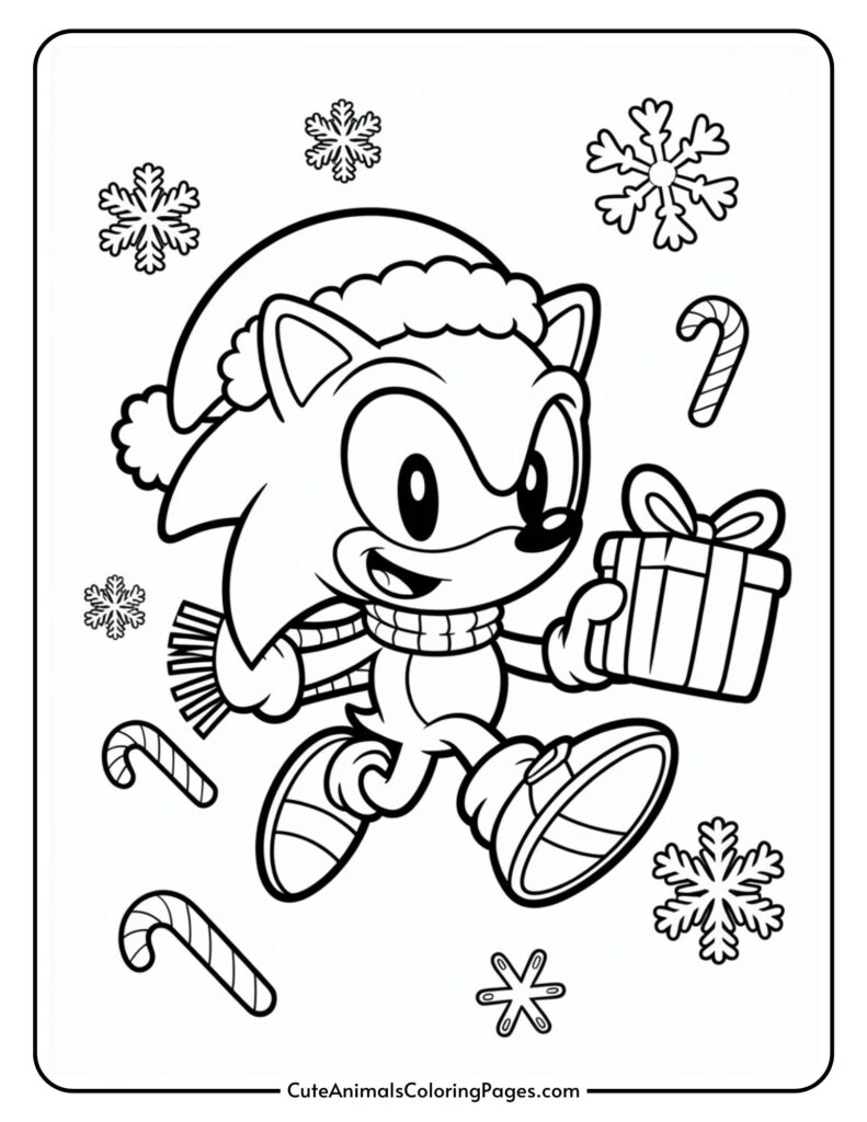 A cartoon character that is the arrival of Santa and the throat, catching a Christmas gift with an odor, enclosed and candy cans and candy canes, in a color format.