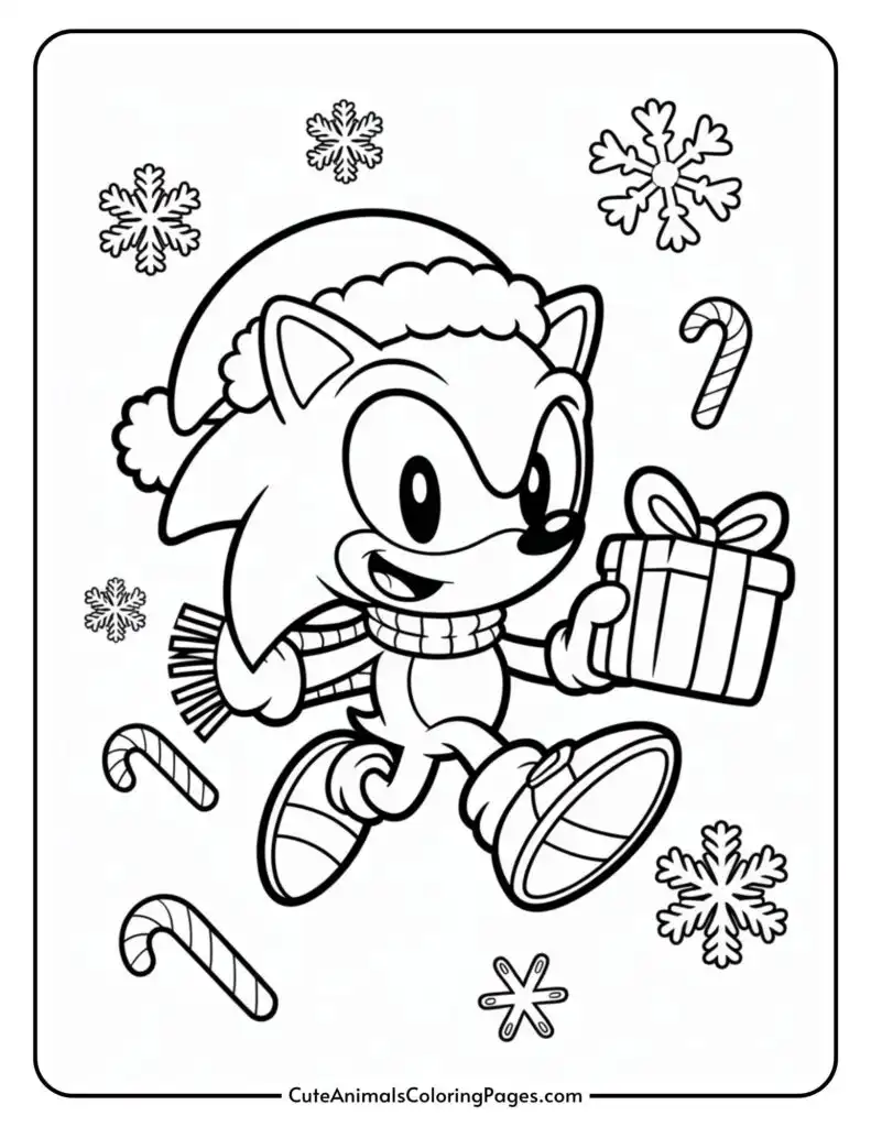 A cartoon character wearing a Santa hat and scarf, holding a Christmas gift with a bow, surrounded by snowflakes and candy canes, in a coloring page format.