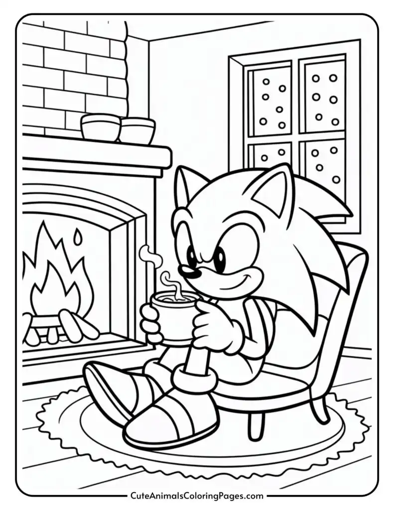 A cartoon hedgehog sitting in a chair by a fireplace, holding a steaming mug, with a window showing snowflakes in the background.