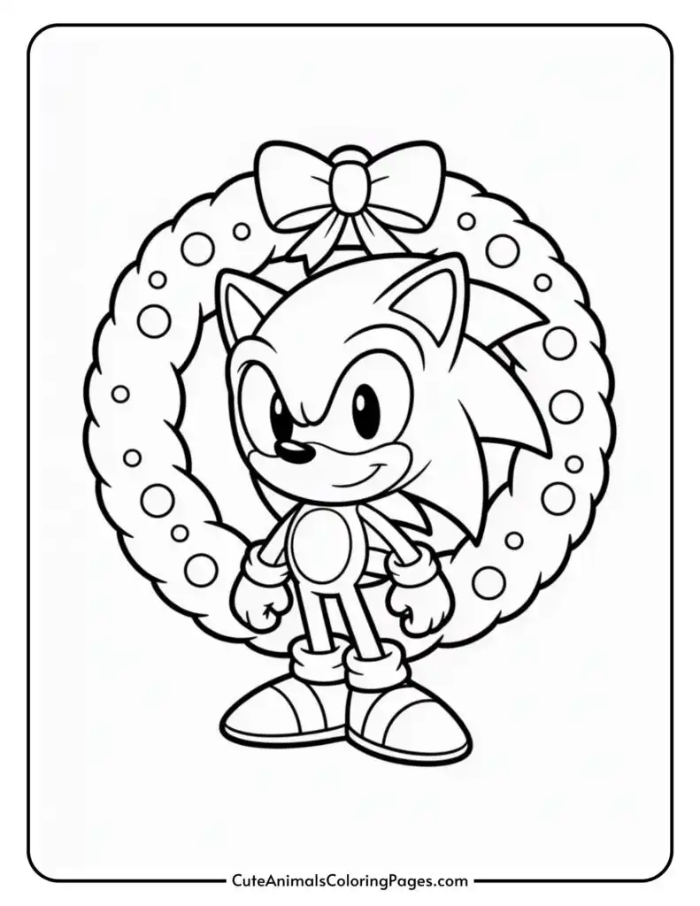 A coloring page featuring a cartoon hedgehog standing in front of a Christmas wreath adorned with a bow and circular ornaments.