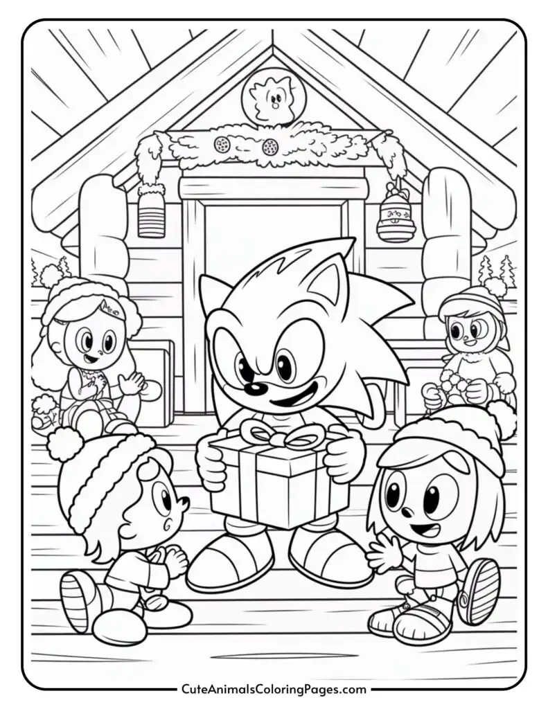 Cartoon characters in winter clothing inside a log cabin, with one character holding a gift box, surrounded by smiling friends.