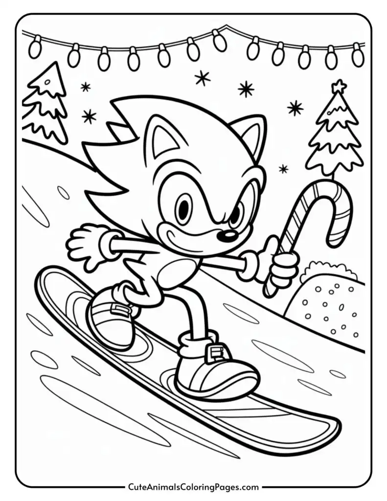 A cartoon character snowboarding down a slope while holding a candy cane, surrounded by holiday decorations, including strings of lights, Christmas trees, and snowflakes.