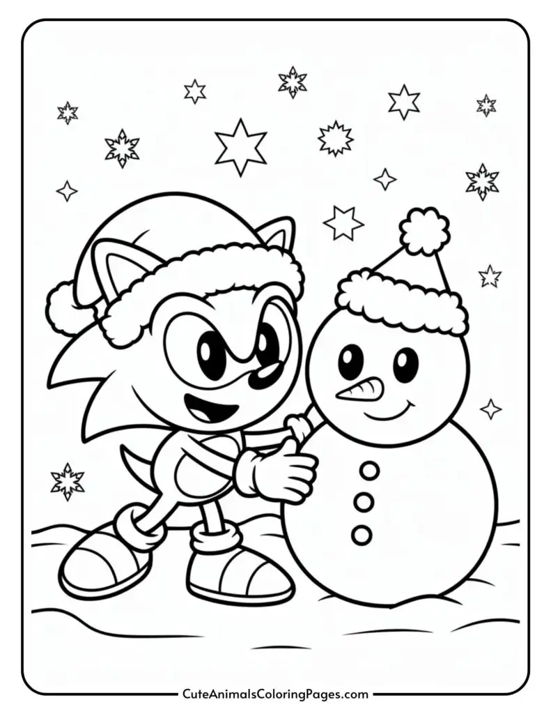 A cartoon character wearing a Santa hat playfully interacts with a snowman under a night sky filled with stars and snowflakes. The character is smiling and appears to be enjoying the winter scene.