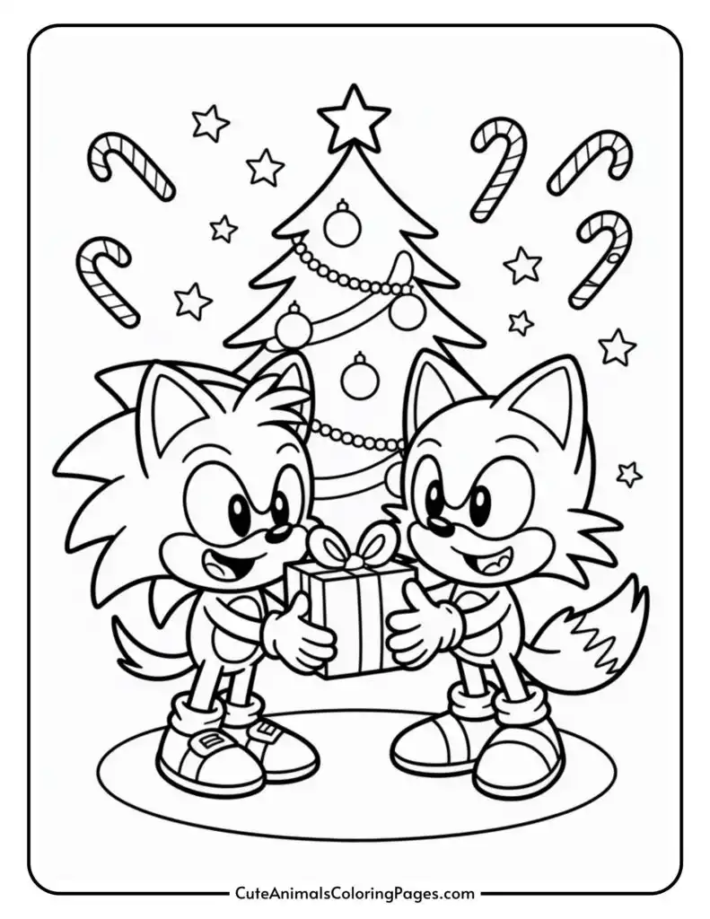 Two cartoon characters exchanging a wrapped gift in front of a decorated Christmas tree, surrounded by candy canes and stars.