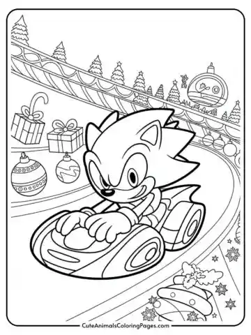 A cartoon character driving a race car on a festive track, surrounded by Christmas decorations such as gifts and ornaments, with snow-covered trees and a decorated bridge in the background.