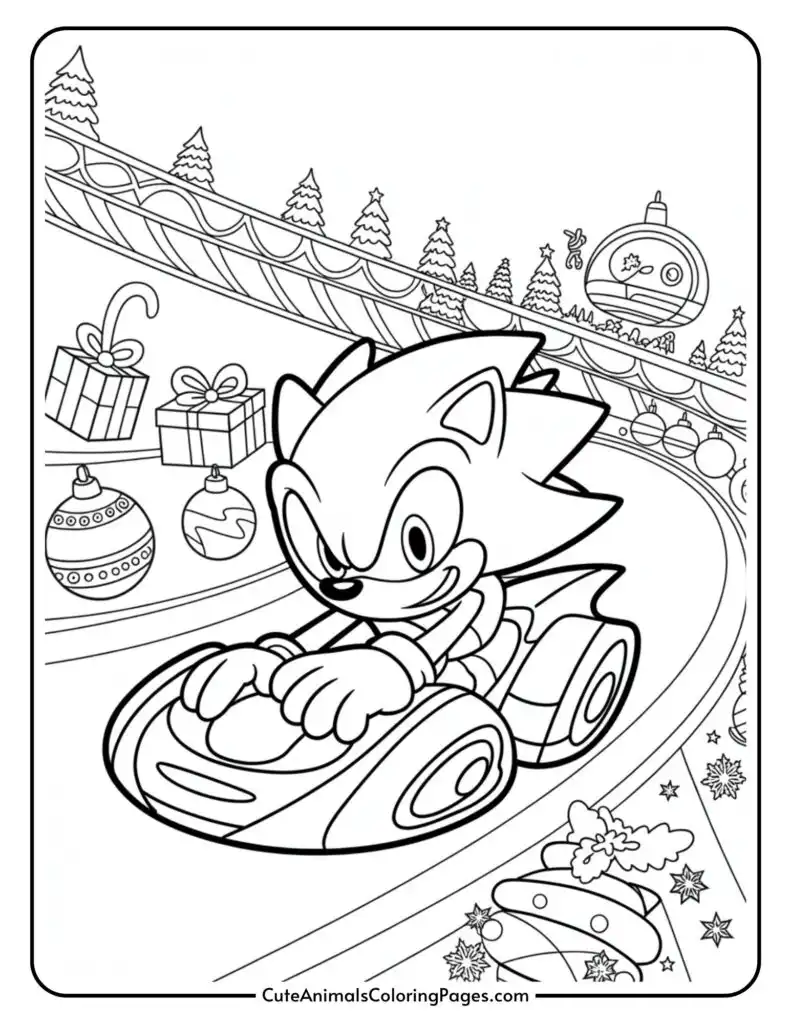 A cartoon character driving a race car on a festive track, surrounded by Christmas decorations such as gifts and ornaments, with snow-covered trees and a decorated bridge in the background.