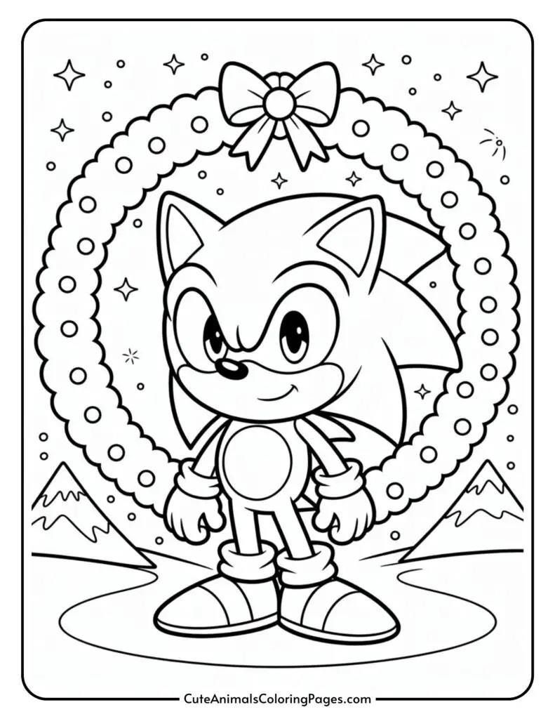 A cartoon hedgehog character standing confidently in front of a decorative wreath adorned with a bow and surrounded by star shapes. Mountains are visible in the background, and the scene is set on a circular base.