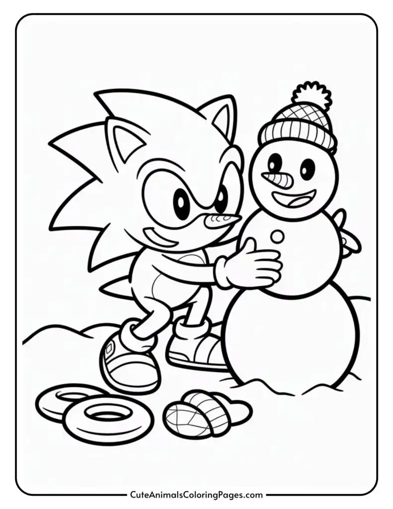 Illustration of a cartoon character with spiky hair building a snowman, with two donuts and a woolen hat on the ground nearby.