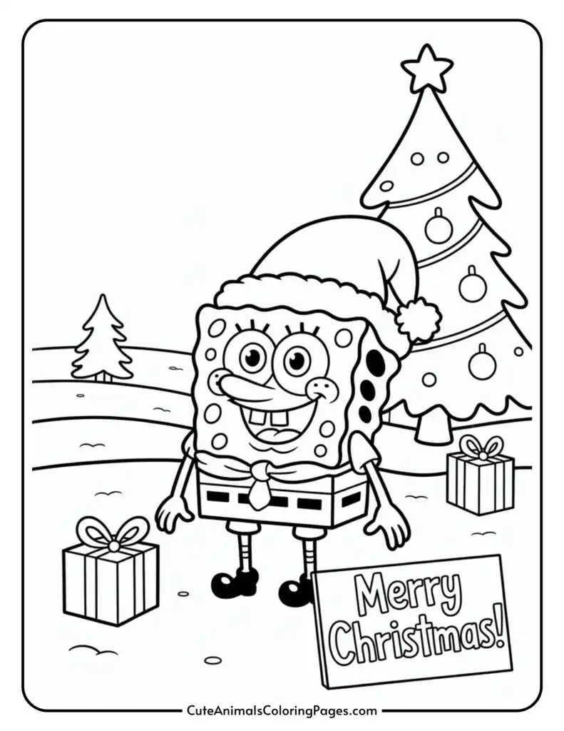 Cartoon sponge character wearing a Santa hat, standing in front of a decorated Christmas tree with presents and a sign that reads "Merry Christmas!" in a snowy landscape.