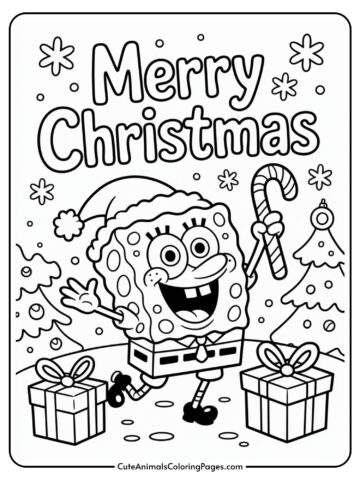 A coloring page featuring a cheerful, animated character wearing a Santa hat, holding a candy cane, and standing between two wrapped gifts with Christmas trees and snowflakes in the background. The words 'Merry Christmas' are prominently displayed above.