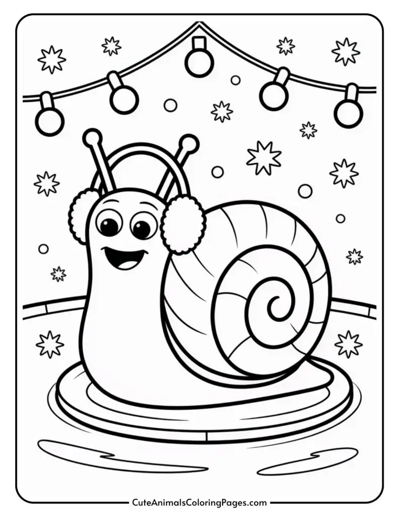Coloring page of a smiling cartoon snail wearing earmuffs, surrounded by snowflakes and a string of round lights.