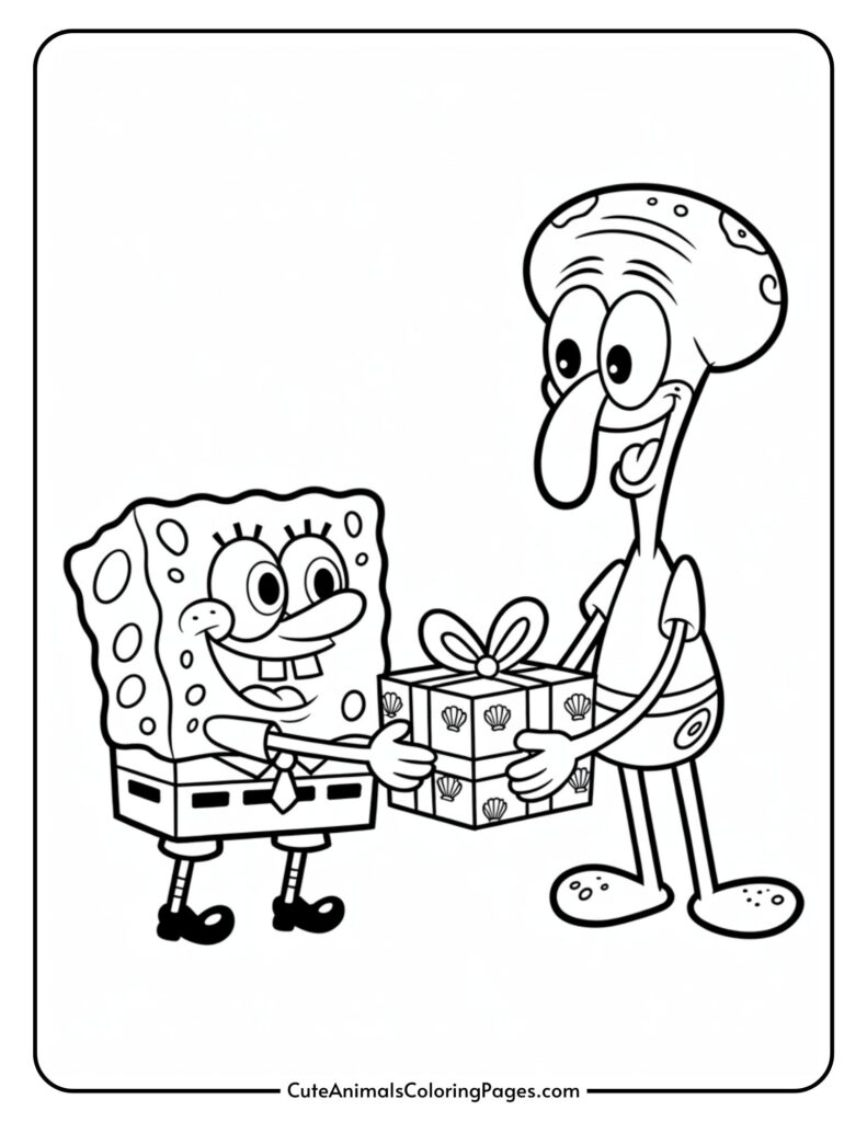 Two cartoon characters exchange a wrapped gift in the shape of a card, one character is square and has a big smile, the other has a long head and hats.