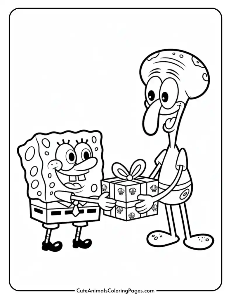 Two cartoon characters exchanging a wrapped gift with a seashell pattern, one character is square with a big smile, the other has an elongated head and tentacles.