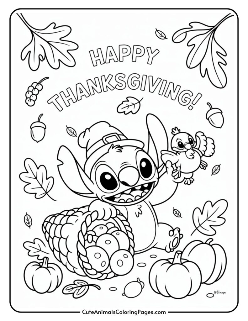 A colorful page that cartoon character with great ears and a blessed explanation holds a small bird. The character has been surrounded by Cornucopia with Apple, Pumpkins, Acorns, and autumn leaves. The words