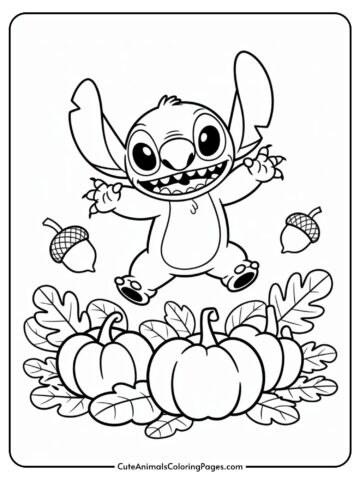 A cartoon character with large ears and big eyes is joyfully jumping above a group of pumpkins surrounded by leaves and acorns.