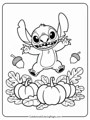 A cartoon character with large ears and big eyes is joyfully jumping above a group of pumpkins surrounded by leaves and acorns.
