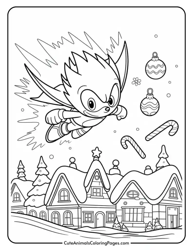A cartoon character with spiky hair and a cape flying over a snow-covered village with candy canes, baubles, and decorative elements in the sky.