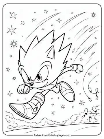 Black and white illustration of a cartoon character resembling a hedgehog running energetically through a starry sky, with a determined expression and stylized quills pointing backward.