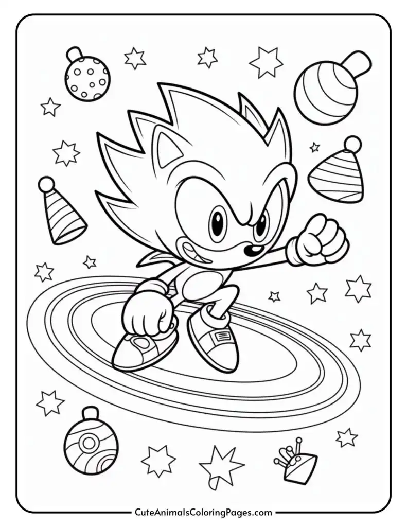 A cartoon hedgehog character striking an action pose, surrounded by stars and various geometric shapes, set against a circular backdrop.