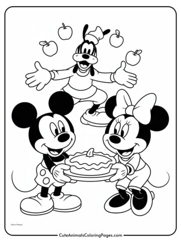 A black and white coloring page featuring two cartoon characters holding a pie, with another character juggling apples in the background.