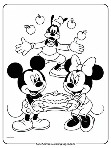 A black and white coloring page featuring two cartoon characters holding a pie, with another character juggling apples in the background.