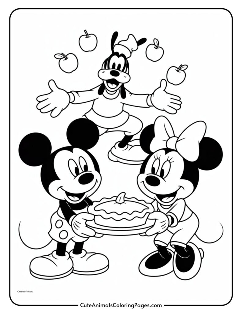 A black and white color page that takes two carton characters that hold a pizza, with another character of Juggling Apples in the background.