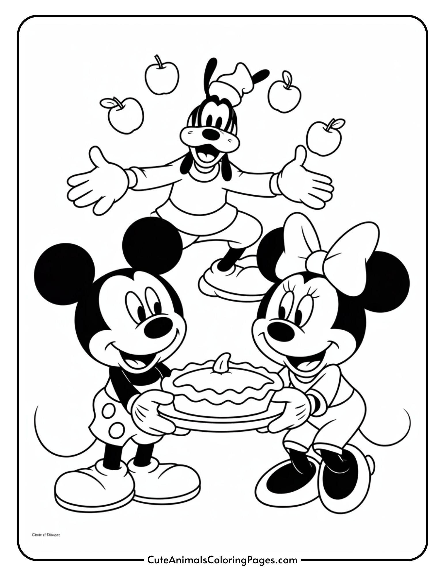 A black and white coloring page featuring two cartoon characters holding a pie, with another character juggling apples in the background.