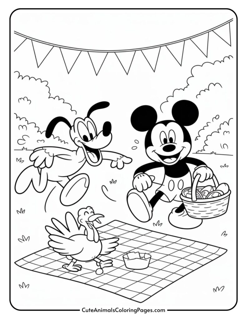 A cartoon character with a mouse look like a dog with a dog and a turkey on a point of pointed. Mouse takes a basket, and there is a flag line in the background.