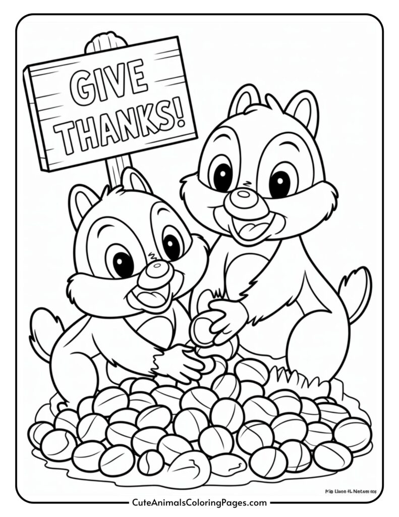 Two cartoon chips are surrounded by stones, one sign reading 'thanks!'