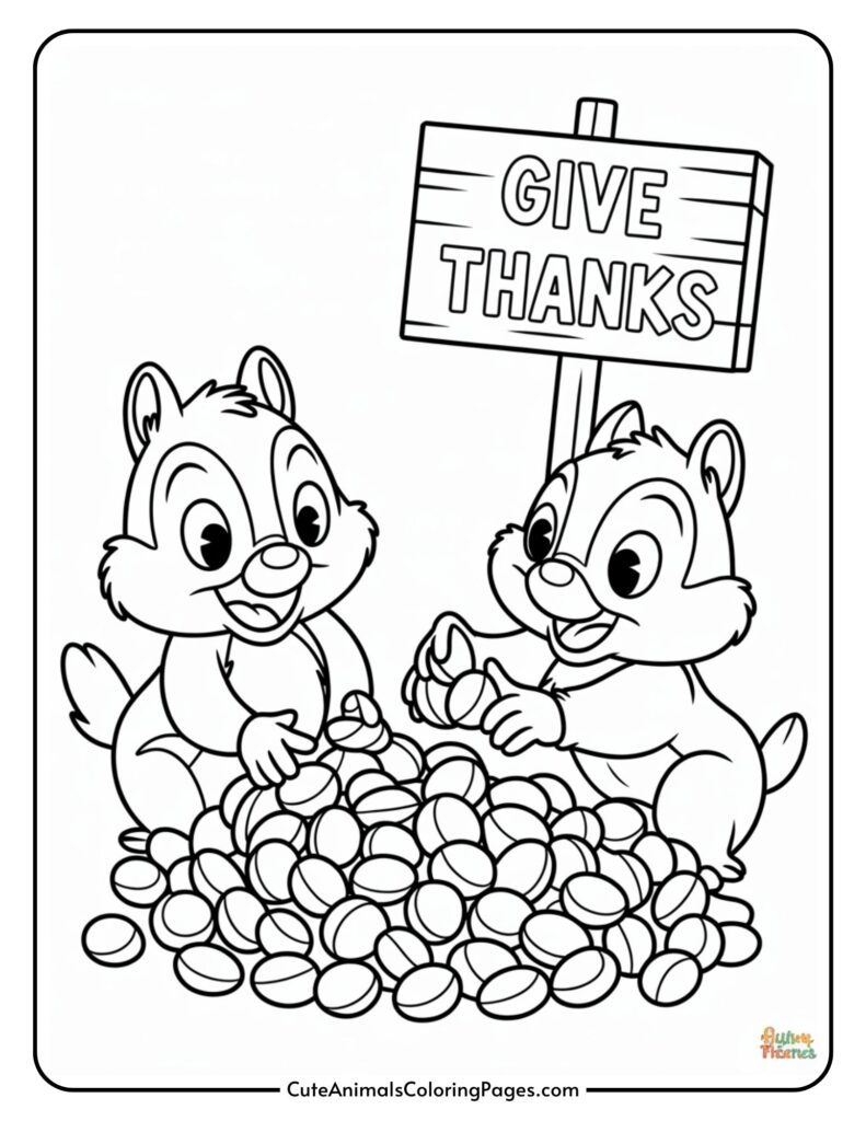 Two cardboard chipunks with a piece of acorns sitting under a sign that says