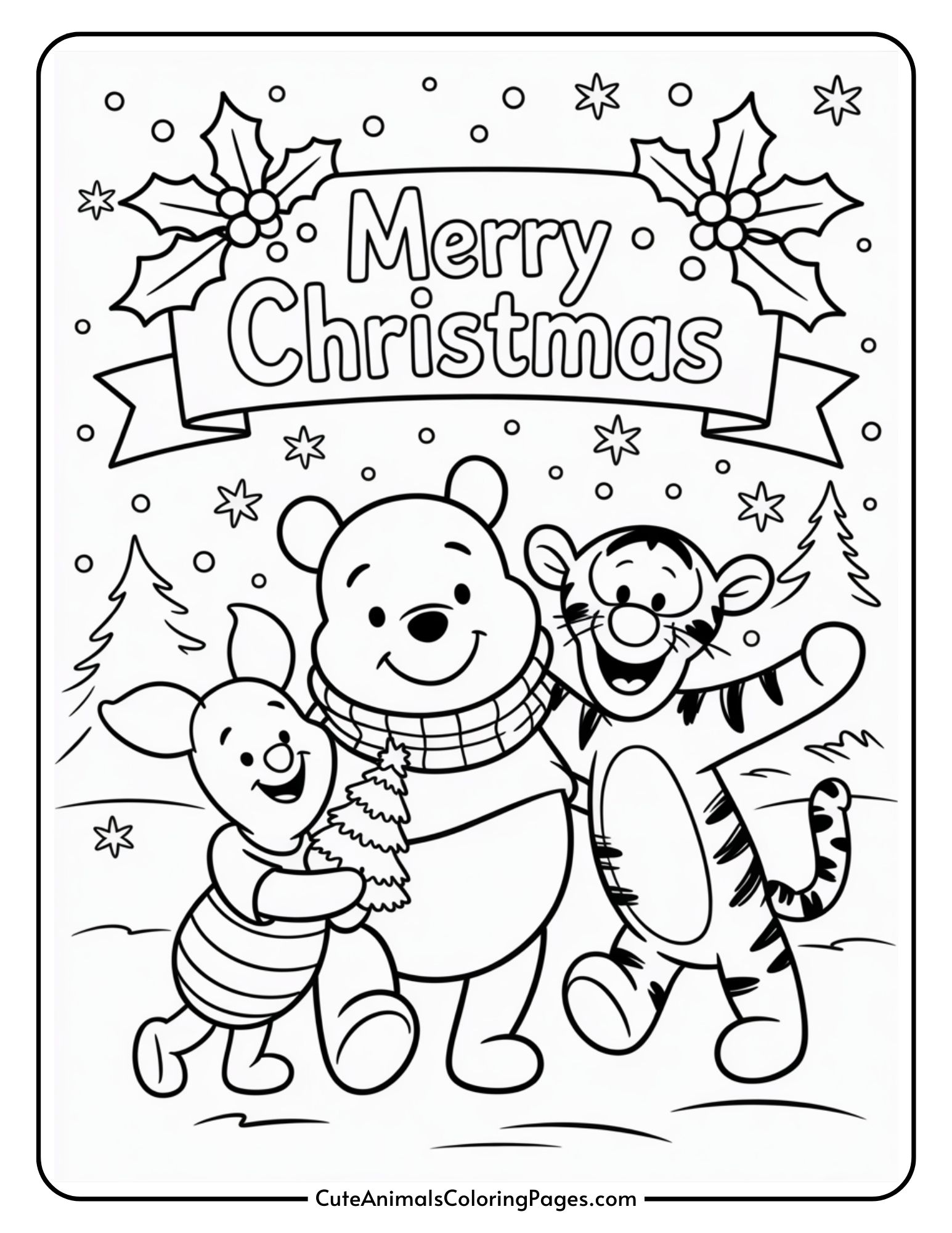 Coloring page featuring cartoon characters with a "Merry Christmas" banner above, surrounded by holly and stars, and snow on the ground.