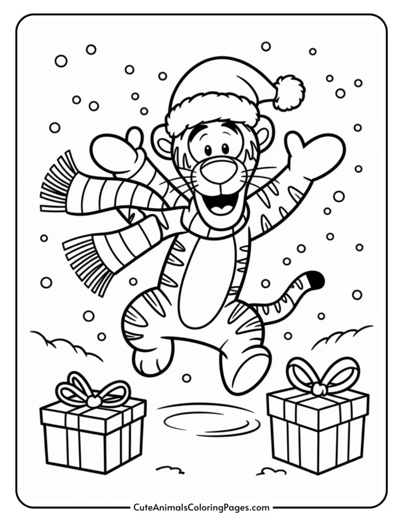 A cartoon tiger wearing a hat and a Santa hat is happily surrounded by snow, snowflakes and two gift boxes with ribbons.